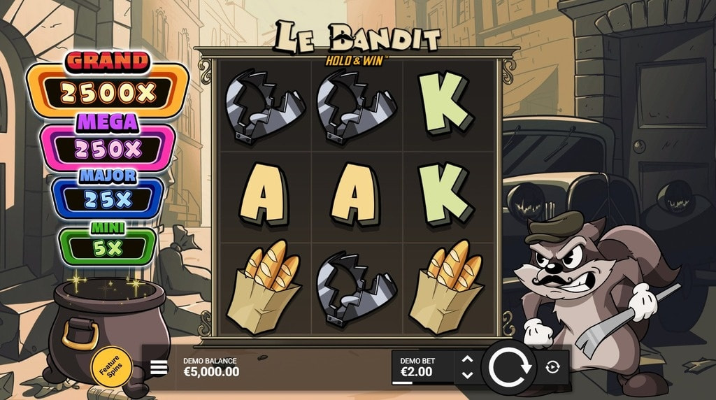 Screenshot della nuova slot Le Bandit Hold & Win di Hacksaw Gaming