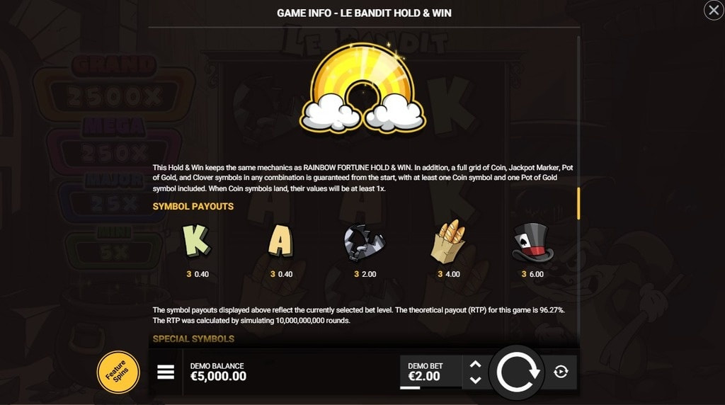 Screenshot della tabella dei pagamenti di Le Bandit Hold & Win