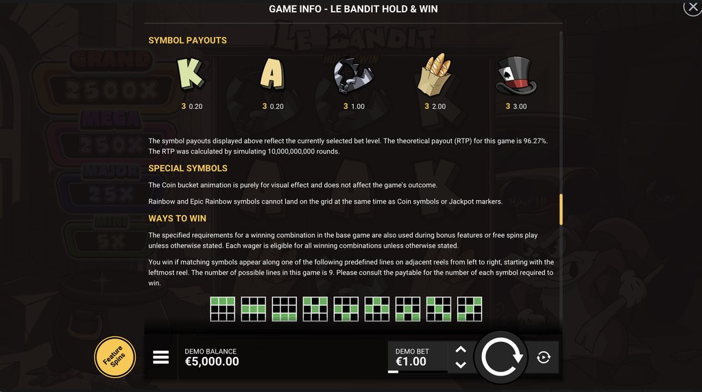 Screenshot from the Paytable of Le Bandit Hold & Win