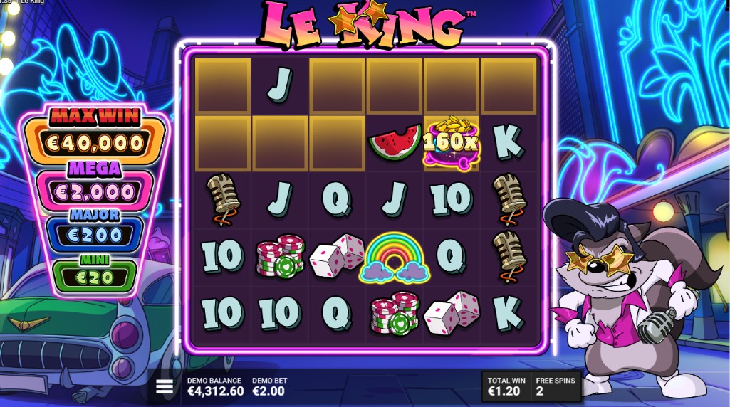 Le King slot by Hacksaw Gaming with Smokey dressed as Elvis in "Spin City"