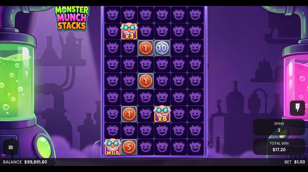 Screenshot from the Snack Rush Bonus Round of Monster Munch Stacks