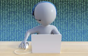 Customer support figure wearing a headset at a computer