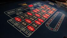 Roulette betting layout with racetrack bets on a casino table