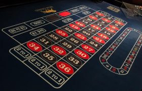 Roulette betting layout with racetrack bets on a casino table