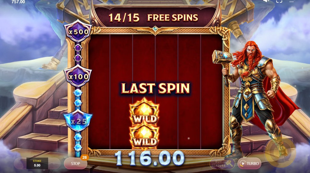Screenshot from the Thunder free spins bonus of Thor’s Rage 2