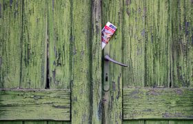 Vecchia porta verde in legno scrostato con volantino nella fessura