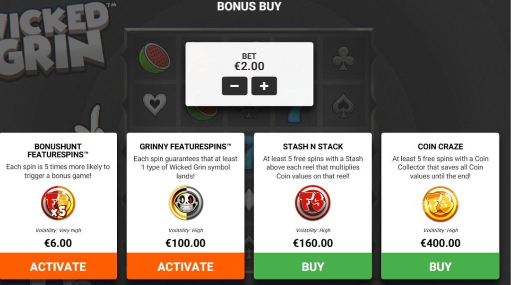 Screenshot from the Bonus Buy feature of Wicked Grin