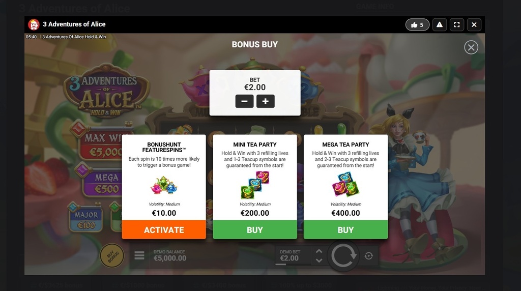 Screenshot cu funcția Bonus Buy a slotului 3 Adventures of Alice Hold & Win