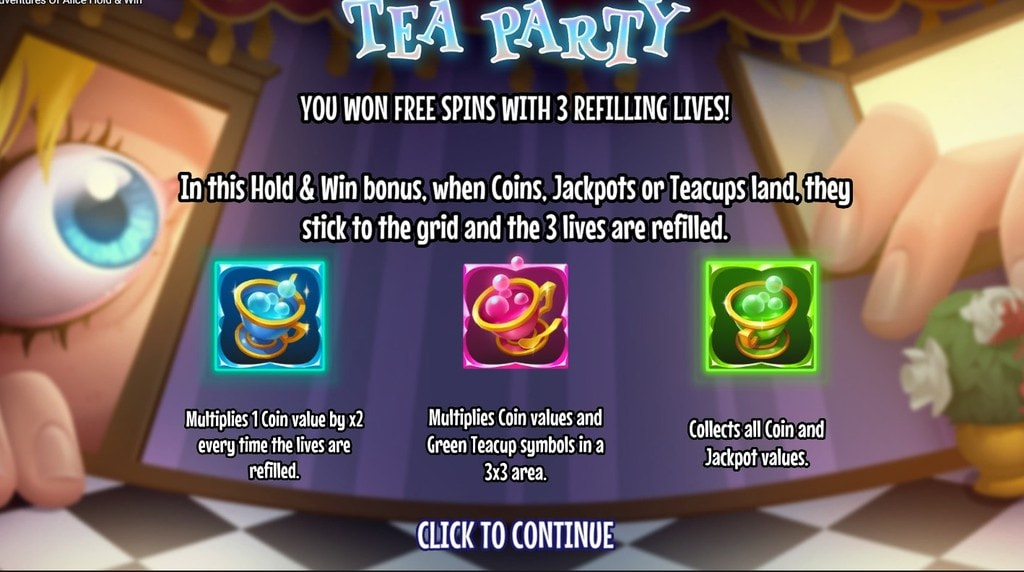 Screenshot della funzione Tea Party di 3 Adventures of Alice Hold & Win