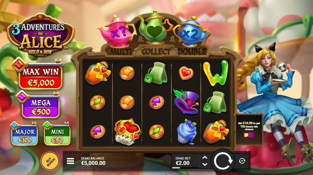Screenshot della nuova slot 3 Adventures of Alice Hold & Win di Hacksaw Gaming