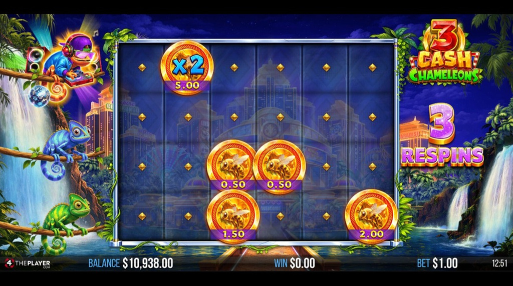 Screenshot from the Chameleon Respins Feature of 3 Cash Chameleons
