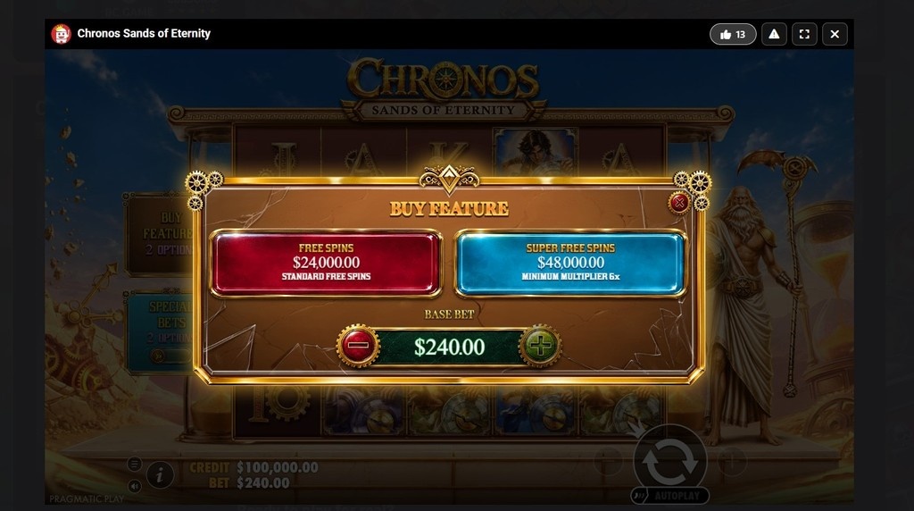 Screenshot cu funcția Buy Free Spins a slotului Chronos Sands of Eternity