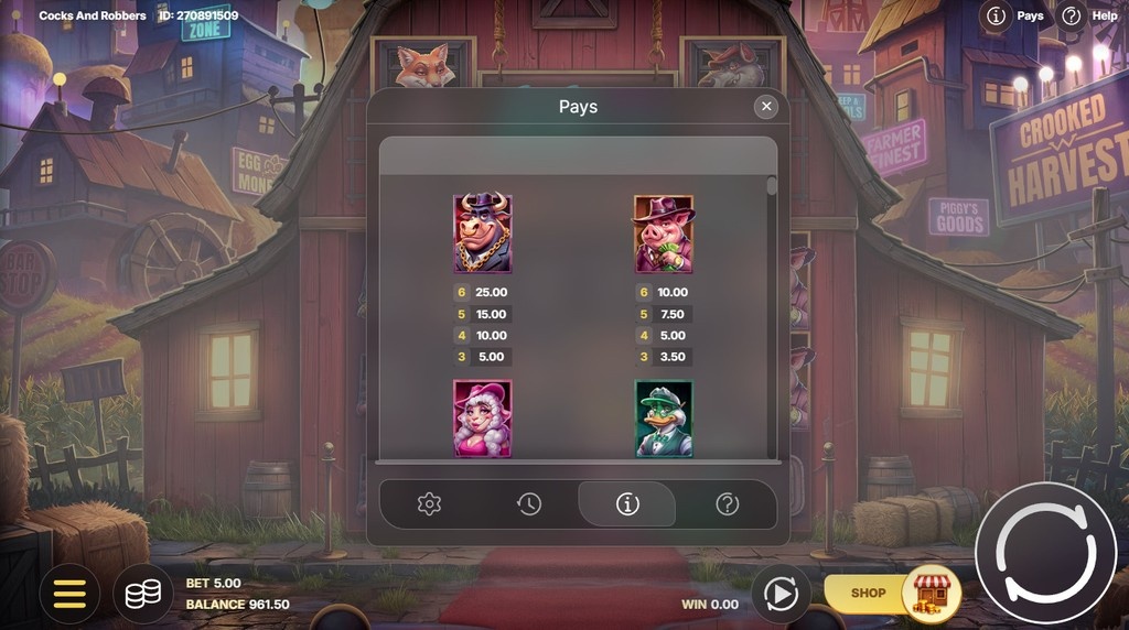 Screenshot from the Paytable of Cocks & Robbers