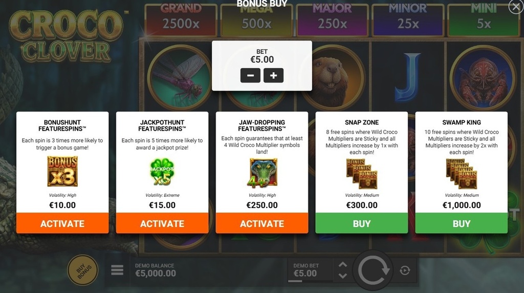 Screenshot cu funcția Bonus Buy a slotului Croco Clover