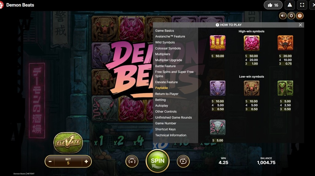 Screenshot from the Paytable of Demon Beats
