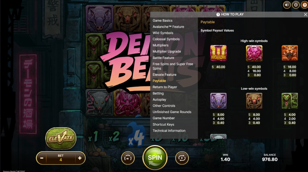 Screenshot af udbetalingstabellen i Demon Beats