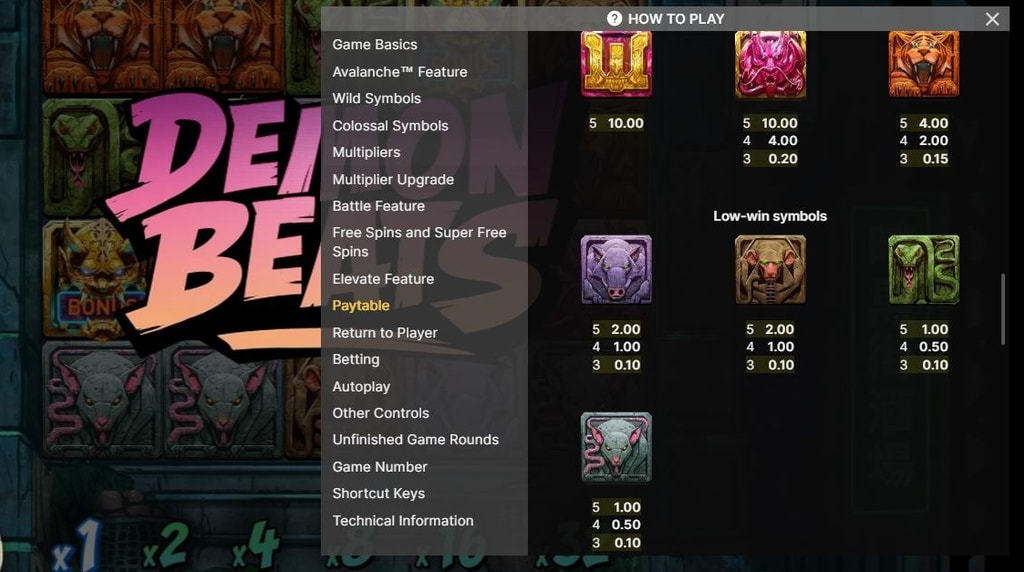Screenshot van de uitbetalingstabel van Demon Beats van NetEnt