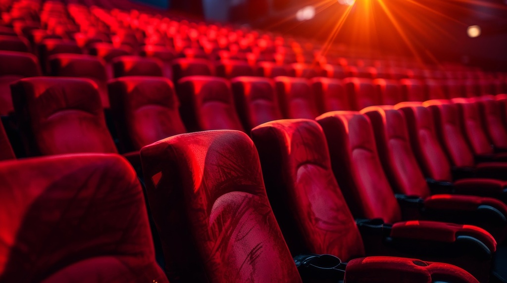 Empty red movie theater seats under projector lights