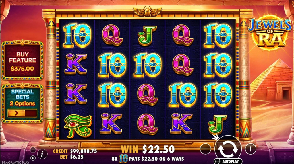 Screenshot fra den nye Jewels of Ra slot af Pragmatic Play