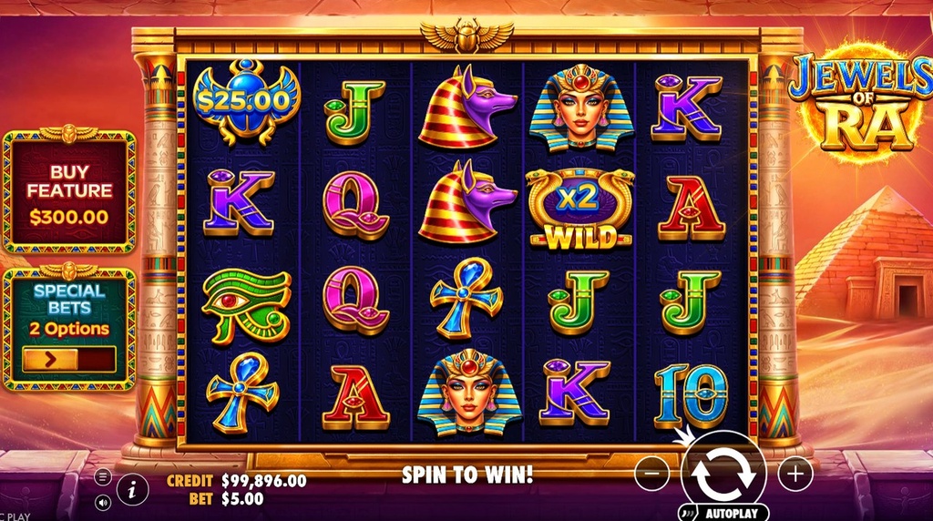 Screenshot from the New Jewels of Ra Slot by Pragmatic Play