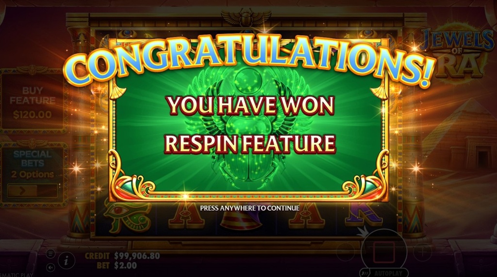 Screenshot della funzione Respin di Jewels of Ra
