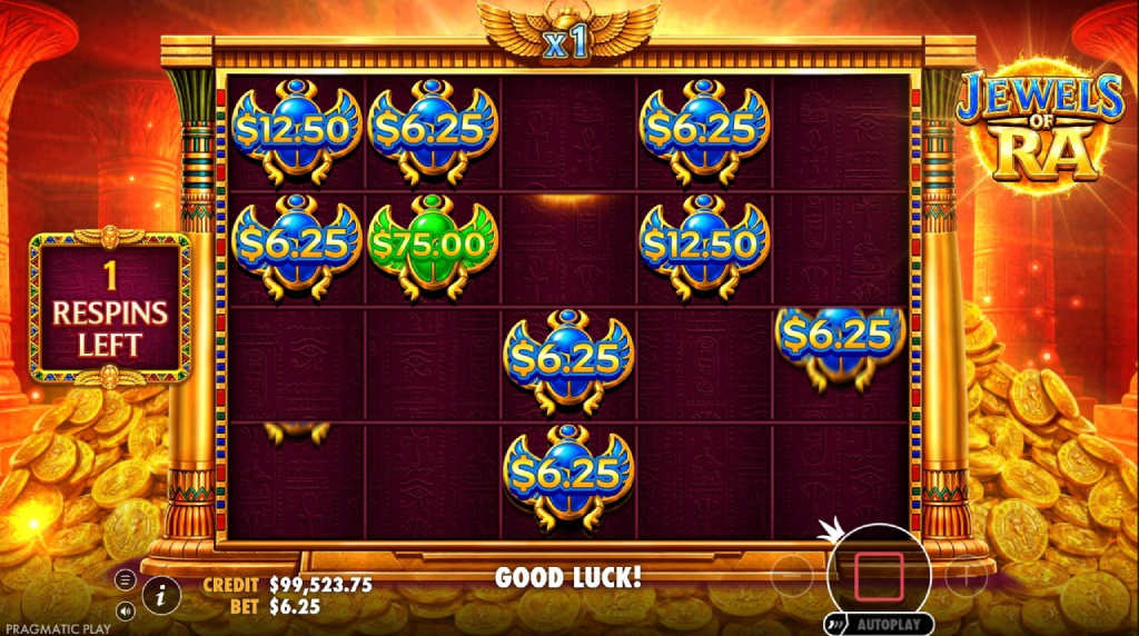 Screenshot af Respin Feature i Jewels of Ra