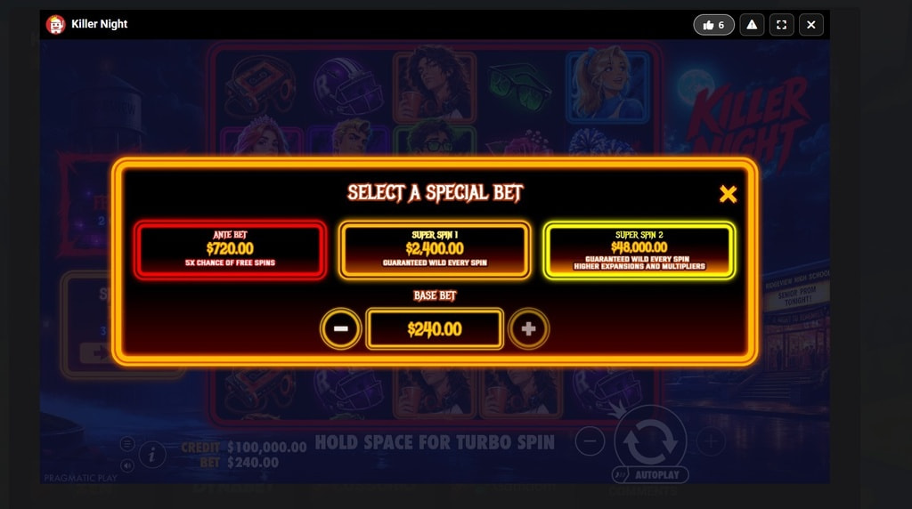 Screenshot cu funcțiile speciale ale slotului Killer Night