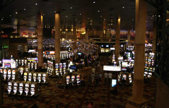 Hundreds of slot machines line a Las Vegas casino floor