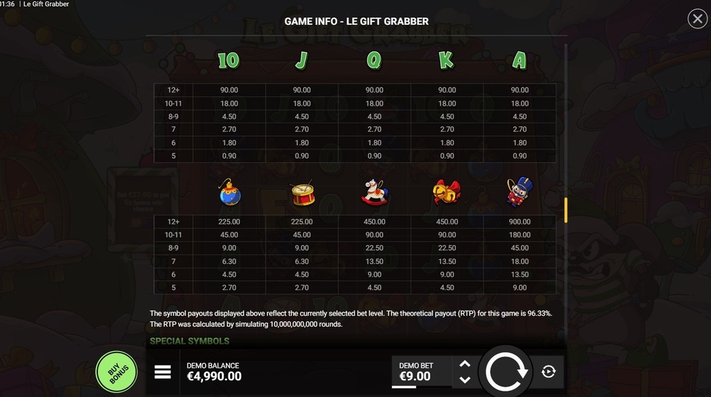 Screenshot af udbetalingstabellen i Le Gift Grabber