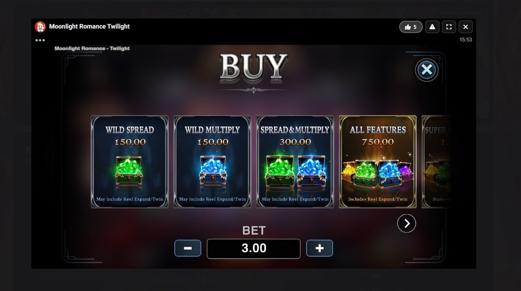 Screenshot cu funcția Bonus Buy a slotului Moonlight Romance Twilight
