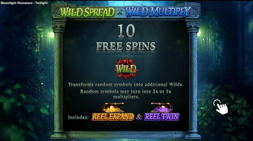 Screenshot della funzione Wild Spread e Wild Multiply di Moonlight Romance Twilight
