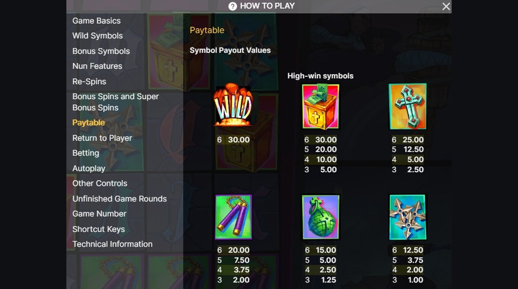 Screenshot from the Paytable of Nunchucks