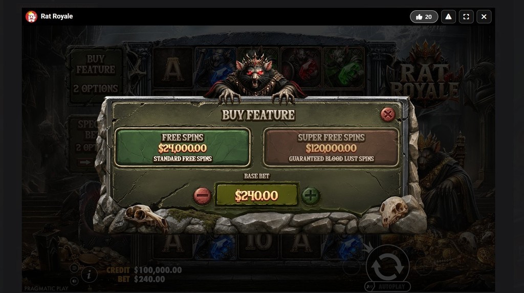 Screenshot cu funcția Buy Free Spins a slotului Rat Royale