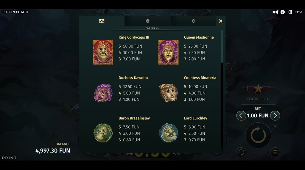 Screenshot from the Paytable of Rotten Potato