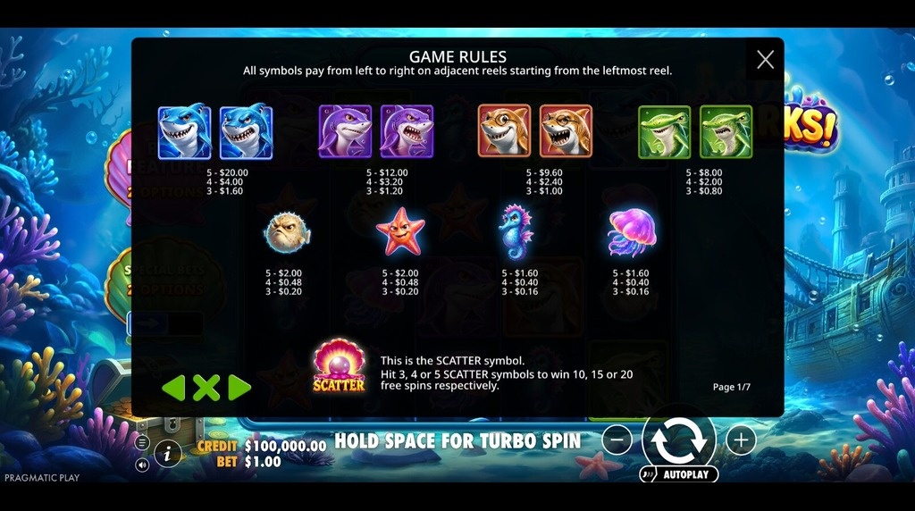 Screenshot from the Paytable of Sharks!