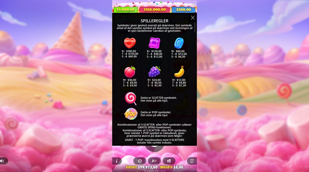Screenshot af udbetalingstabellen i Sweet Bonanza Pop