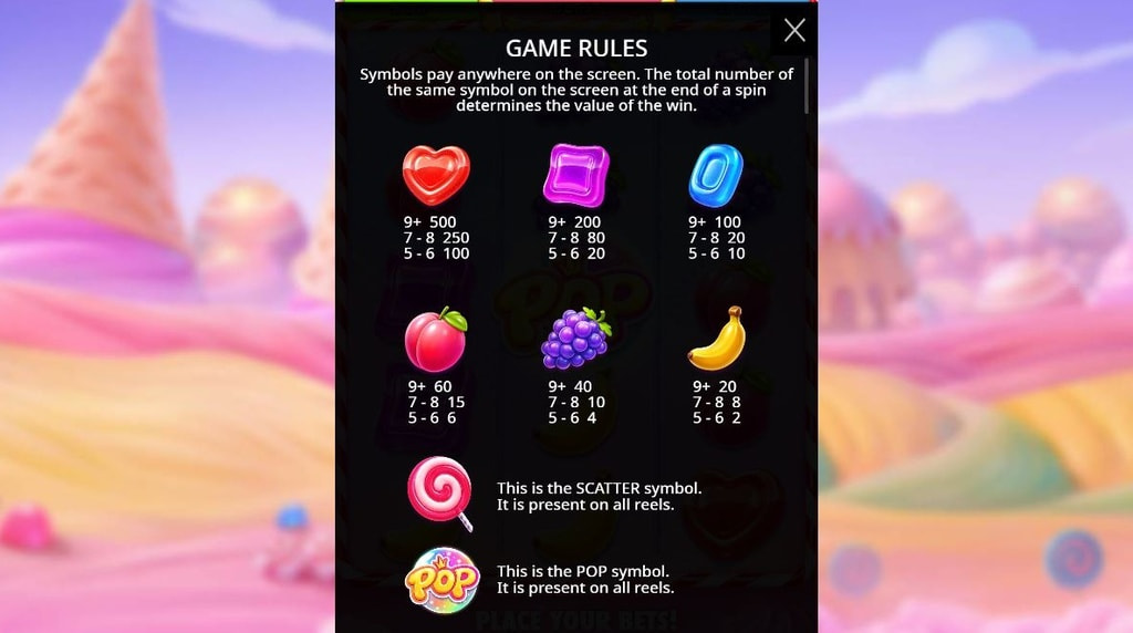 Screenshot van de uitbetalingstabel van Sweet Bonanza Pop van Pragmatic Play