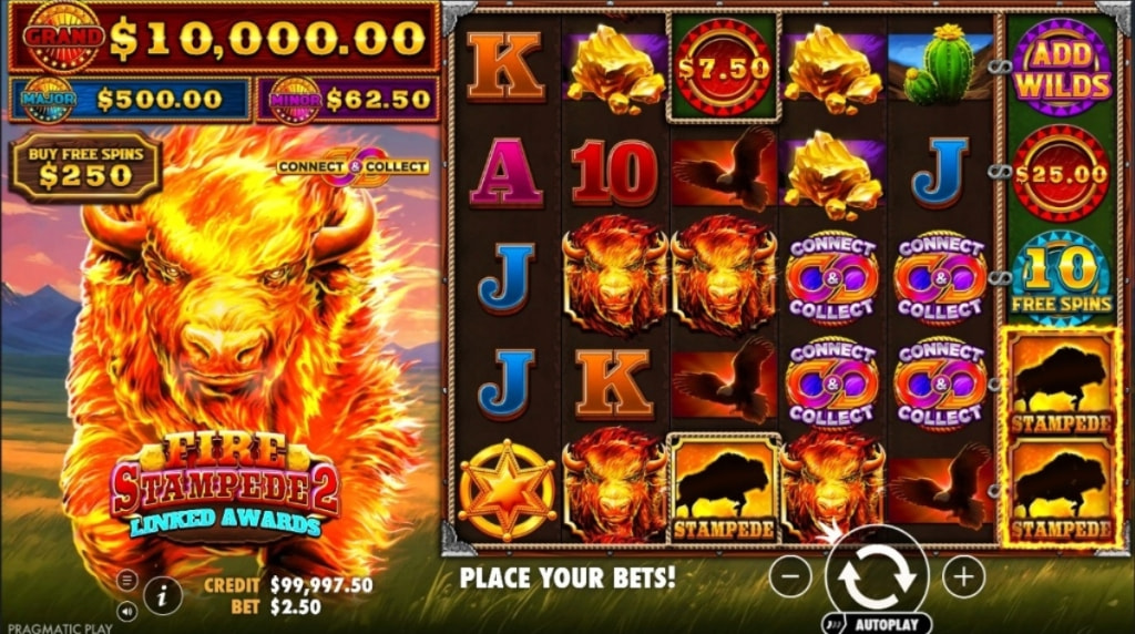 Skærmbillede fra den nye Fire Stampede 2 spilleautomat fra Pragmatic Play