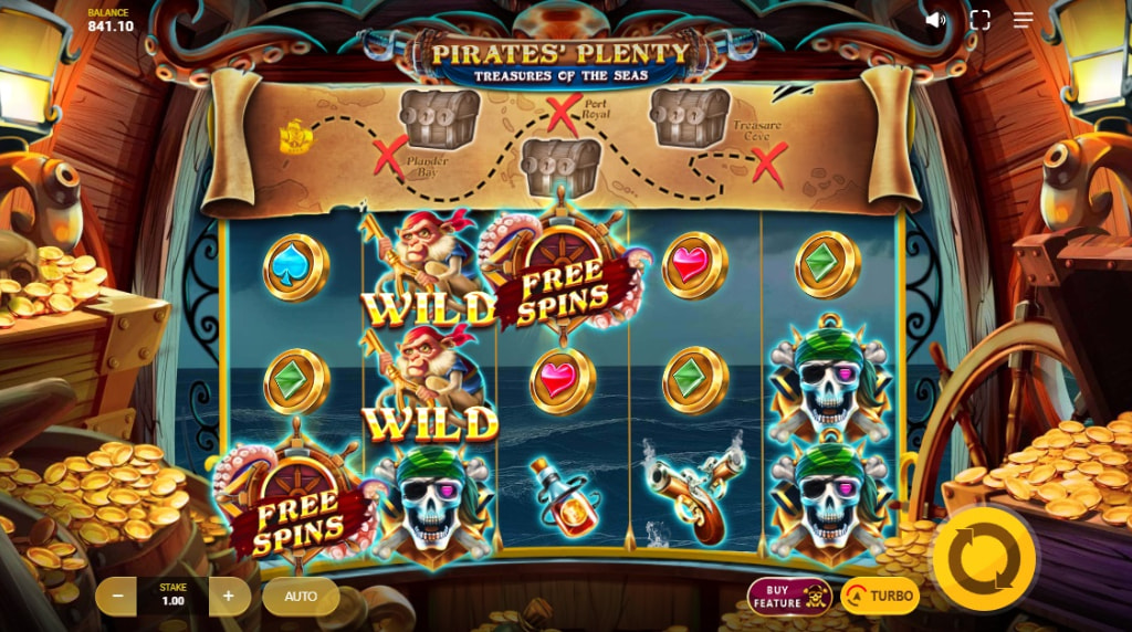 Screenshot fra den Nye Pirates’ Plenty Treasures of the Seas Slot af Red Tiger