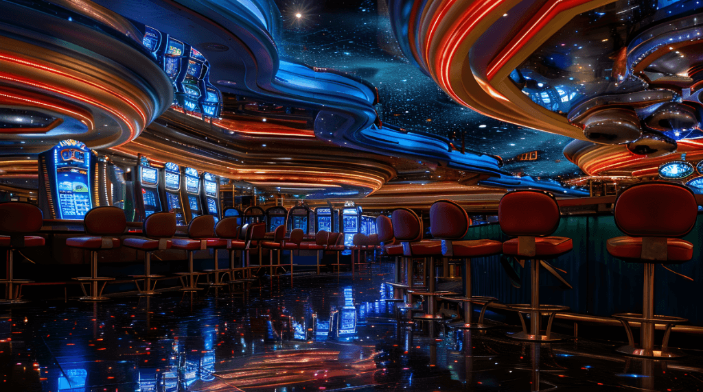 Casino futuristico con luci colorate, soffitto stellato e slot machine