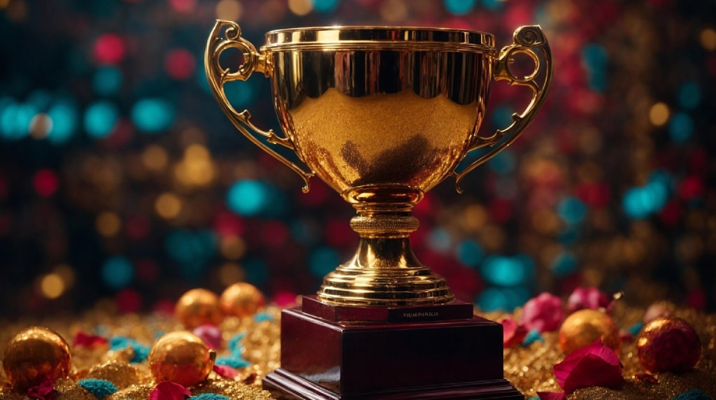 Trofeo dorato su base di legno.
