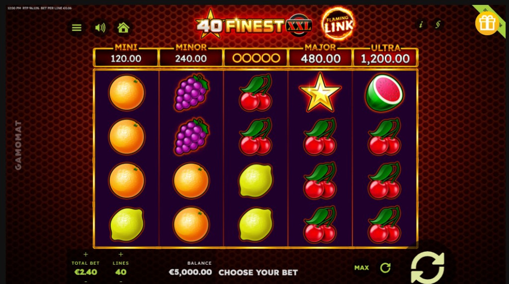 Screenshot della nuova slot 40 Finest XXL Flaming Link di Gamomat