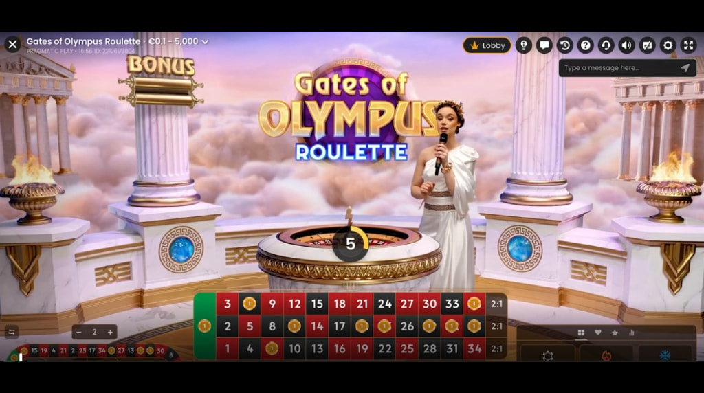 Screenshot di Gates of Olympus Roulette Live di Pragmatic Play