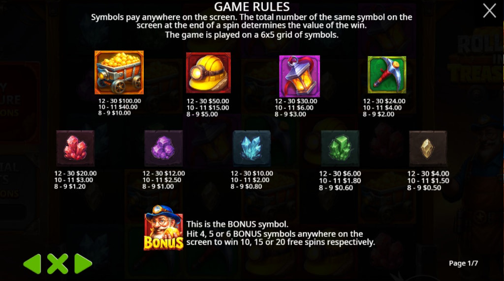 Screenshot della tabella dei pagamenti di Rolling in Treasures