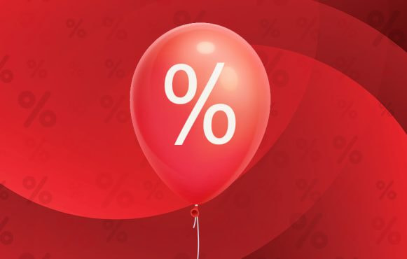 Rode ballon met daarop een wit procentteken.