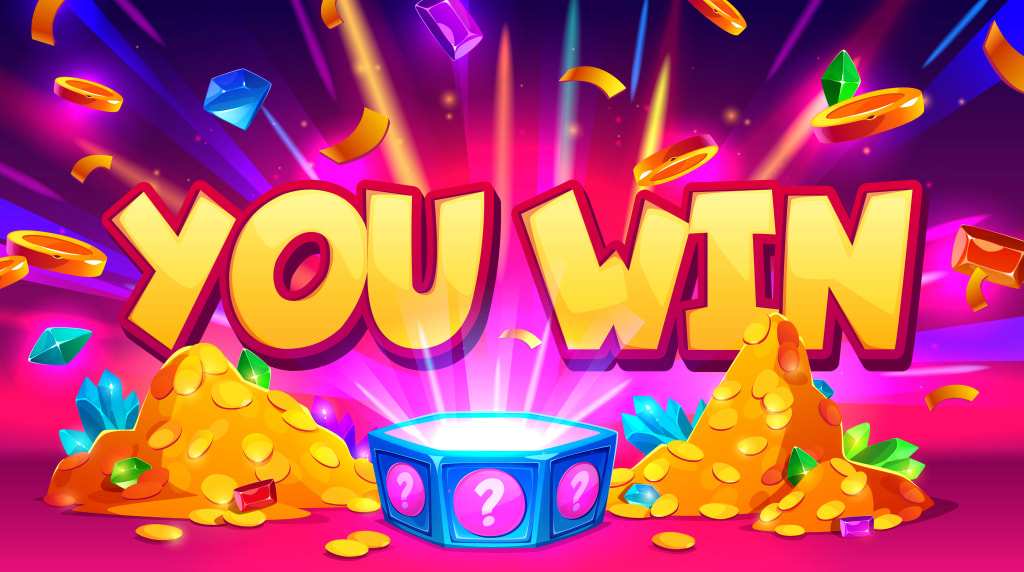 Kleurrijke illustratie met geld, diamanten en de tekst “you win”
