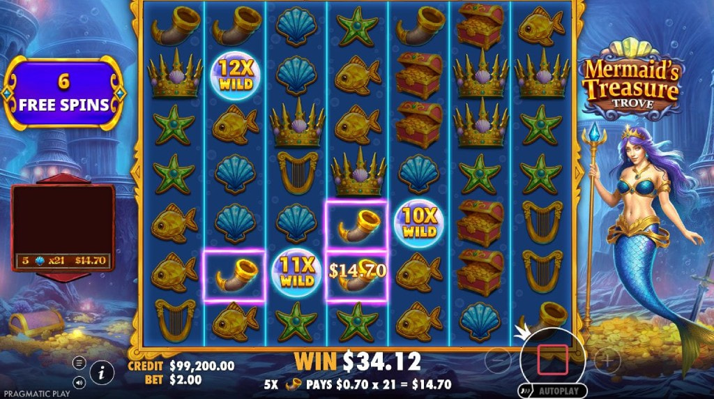 Screenshot van het bonus spel van Mermaid’s Treasure Trove