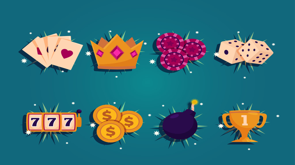 Diverse casino spelelementen, waaronder kaarten, fiches, dobbelstenen en meer.
