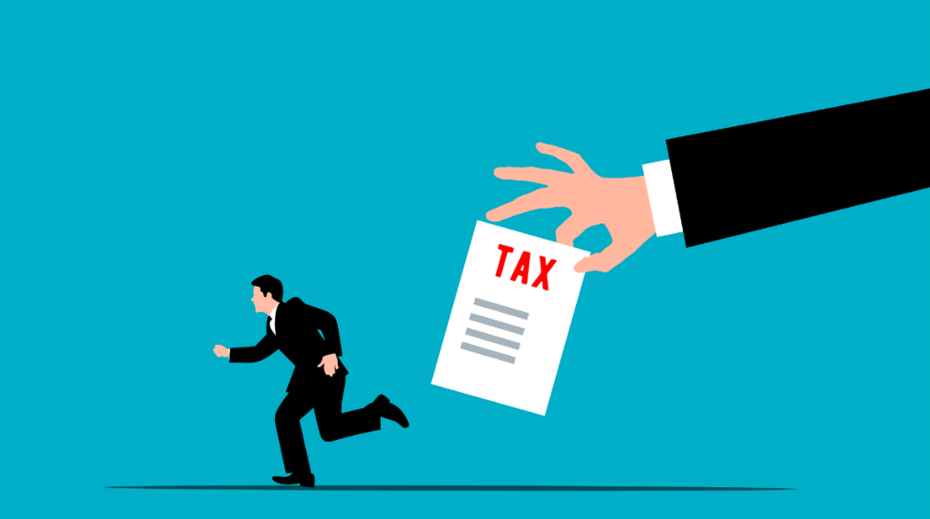 O persoană care fuge și o mână care ține un bilet cu text Taxe