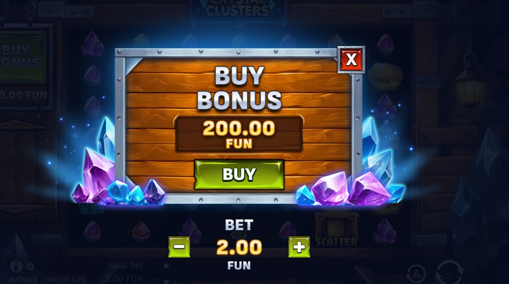 Screenshot cu funcția Bonus Buy a slotului Crystal Clusters
